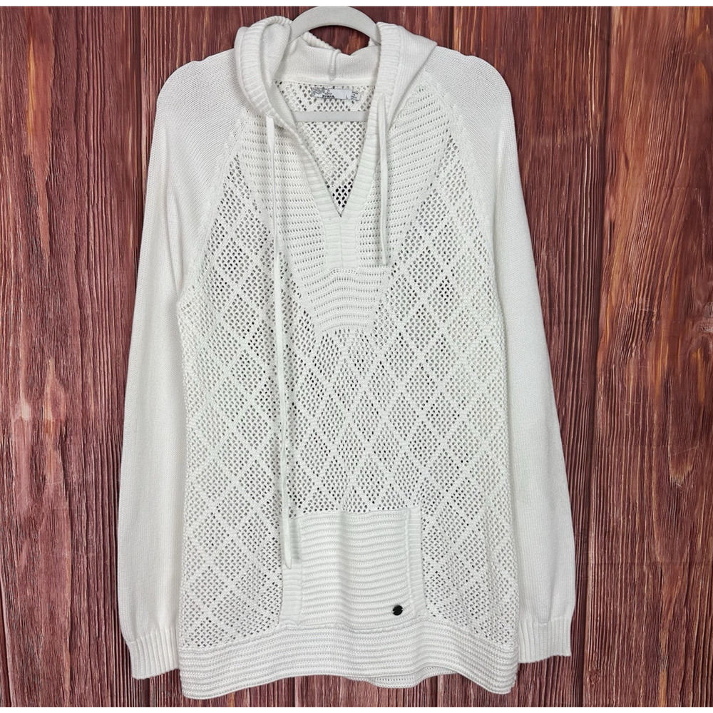 Prana Sweater Womens Size Large White Hoodie Cotton Open Knit Long Sleeve Casual